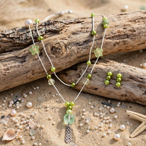 Green Multi Strand Beaded Necklace and Earrings New