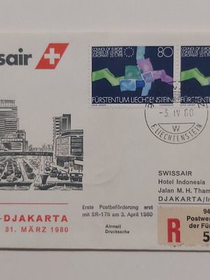 Swissair First Flight Cover 1980 used, Zurich to Jakarta