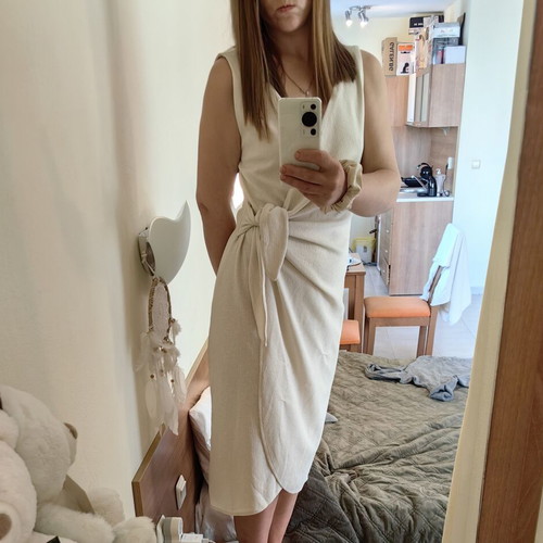 H&M midi dress with wrap front and V-neck, beige white