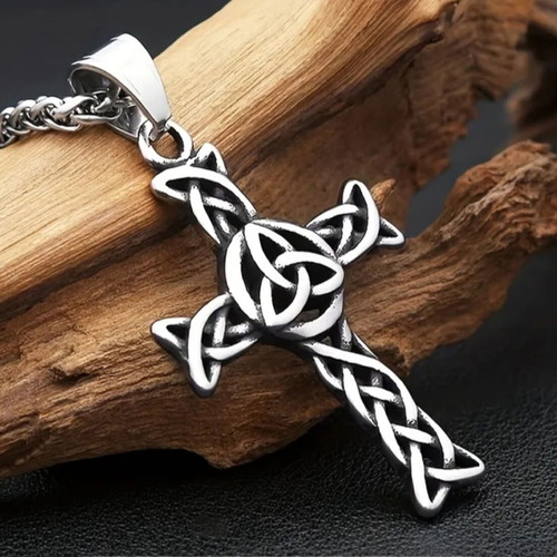 Titanium stainless steel cross pendant with chain, silver