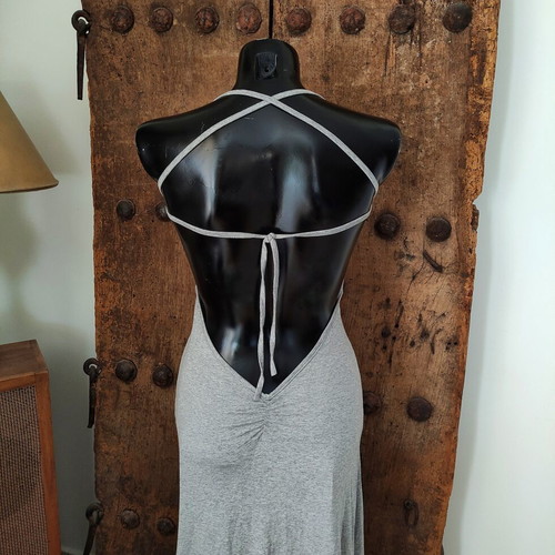 Gray open back maxi dress with halterneck straps, XS