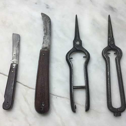 Vintage agricultural tools with grafting knife, farmer's pocket knife and pruning shears