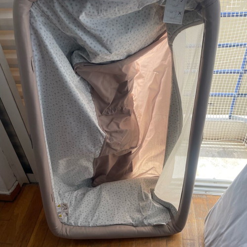 Chicco Next2Me crib used with breathable mattress and transport bag