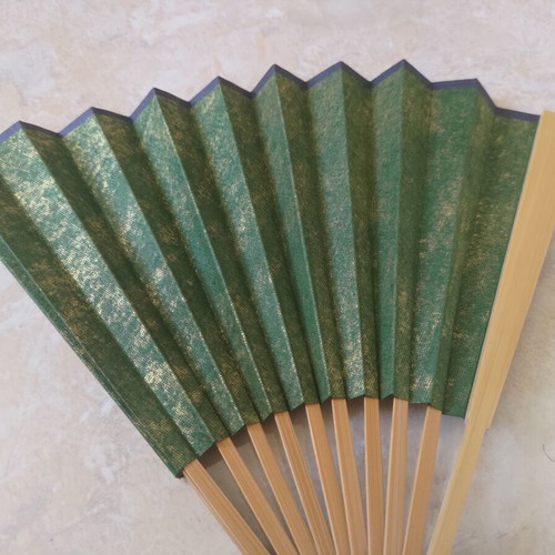 Traditional Handmade Asian Fan with Bamboo ribs and golden-green paper