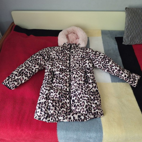 Leopard Print Funky Stars Puffer Jacket with Pink Fur Hood Size 16Y Like New