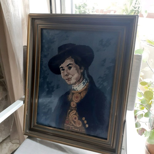 Handmade embroidered tapestry like new with wooden frame
