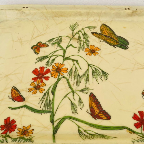 Plastic and metal Mid Century folding table used with painting and inlaid fibers