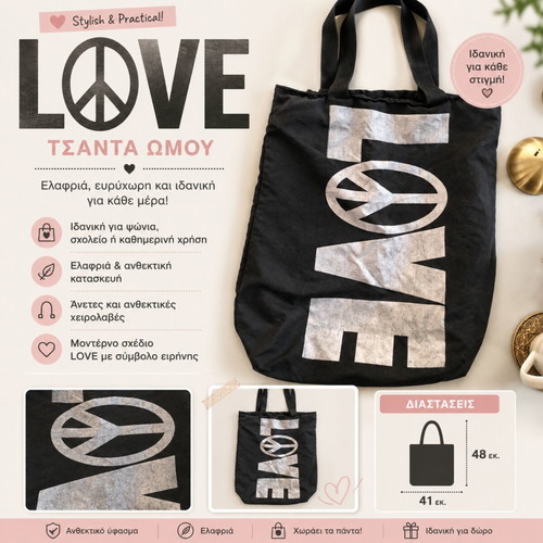 Love tote bag used, black fabric shoulder bag 48x41 cm
