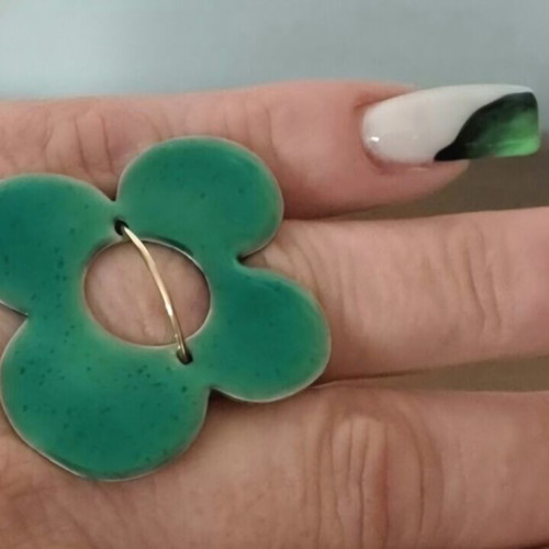 Statement ring flower with emerald enamel and 14K gold shank, Aphrodite Goula design new