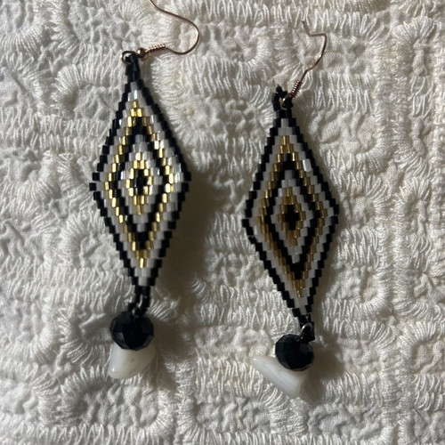 Boho statement earrings with handmade beadwork black and gold, new