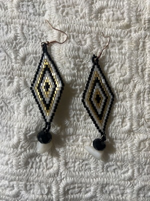 Boho statement earrings with handmade beadwork black and gold, new