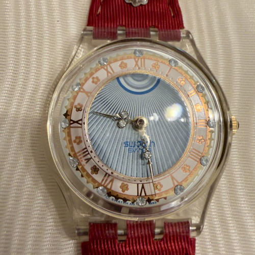 Swatch Gent Roi Soleil watch 1993 limited edition like new, blue dial, red leather strap
