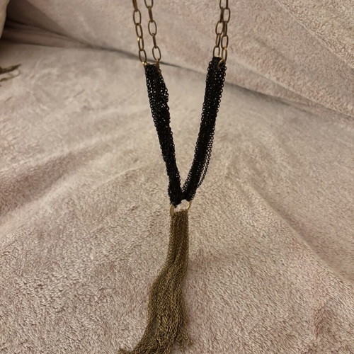 Boho Chic Long Necklace with Black Chains and Bronze Tassel new