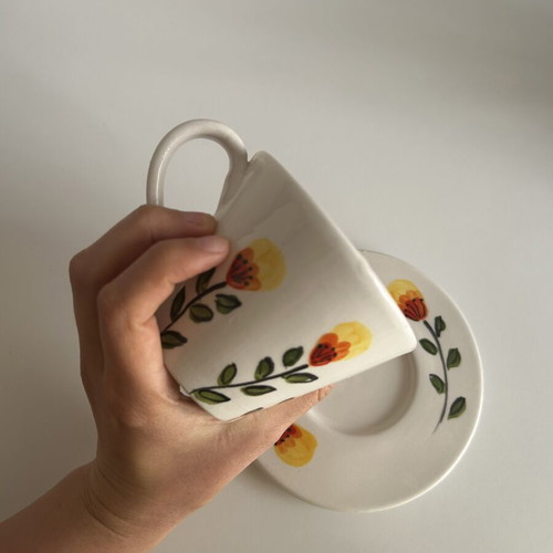 Handmade ceramic cup with saucer like new, handpainted
