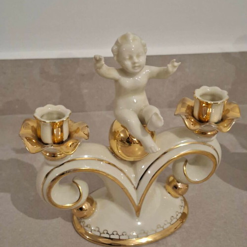 Bavaria Gerold & Co Tettau porcelain set with 2 candlesticks, 2 wall lamps and 2 decorations like new