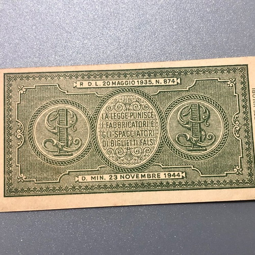 Χαρτονόμισμα Ιταλίας 1 Lira 23.11.1944 σαν καινούργιο με σφάλμα ευθυγράμμισης