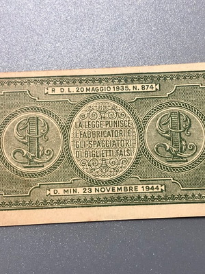 Χαρτονόμισμα Ιταλίας 1 Lira 23.11.1944 σαν καινούργιο με σφάλμα ευθυγράμμισης