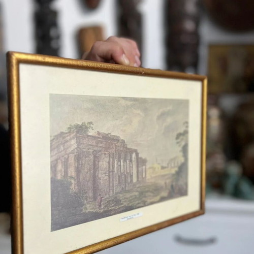 Colored engraving of Erechtheion in wooden frame with gold color like new