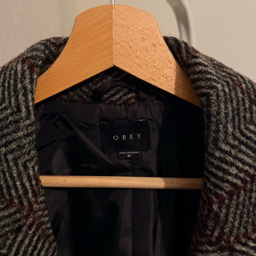 Obey Herringbone Check Overcoat like new, grey and red
