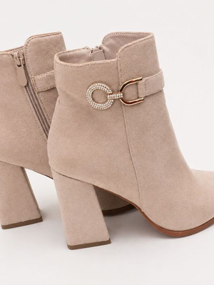 Suede ankle boots with rhinestone buckle, like new, nude color