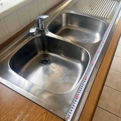 Franke stainless steel kitchen sink with 2 bowls, apron and faucet used