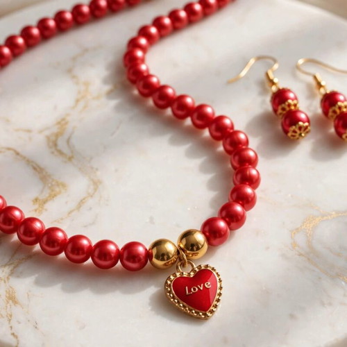 Red summer  necklace and earings set