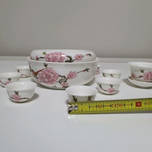 Jingdezhen porcelain Chinese tea set used, 11 pieces with case