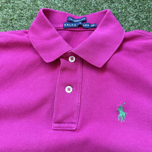Ralph Lauren pink polo shirt women's used, size S, small hole repaired