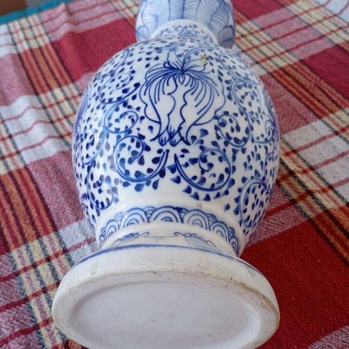 Vintage porcelain vase used, traditional Asian style blue and white Ming Qing design
