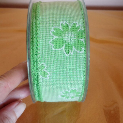 Fabric ribbon with wire 10 m green with daisies new