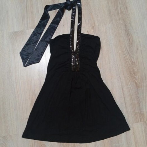 Women's blouse elastic fabric backless with satin neck tie like new, black, size M