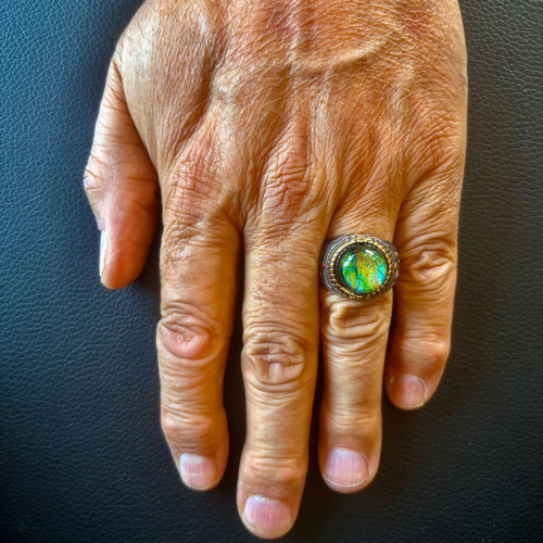 Chameleon Stone Gothic Ring new, stainless steel, green and gold