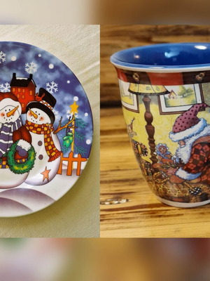 Christmas plate snowman and Santa Claus mug like new set