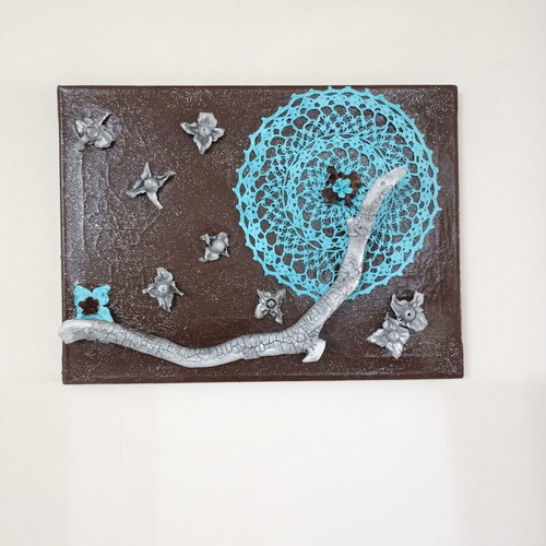 Handmade canvas frame with turquoise crochet and silver lotus stems, new