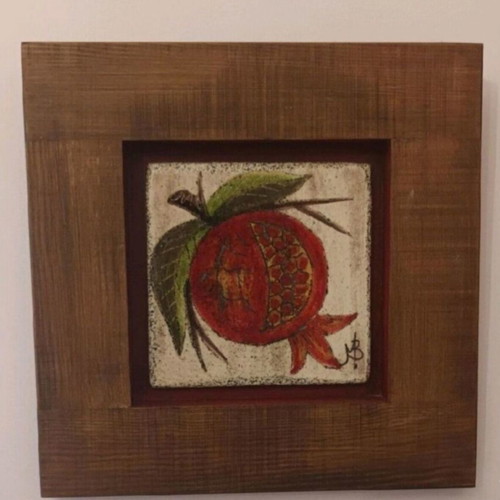 Oil painting on porcelain used, pomegranate theme, wooden frame 31x30 cm