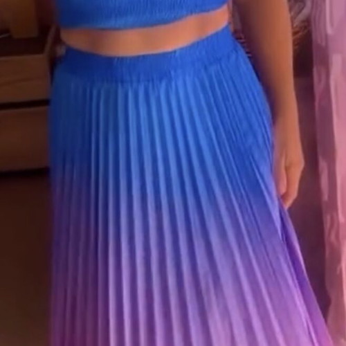 Two-piece set with strapless top and pleated maxi skirt ombre blue-lilac like new