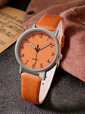 Ρολόι χειρός γυναικείο καινούργιο, πορτοκαλί με δερμάτινο λουράκι PU