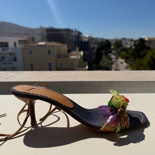 Le Silla Project Vintage Denim Raffia Flower Lace-Up Heels Size 38 like new