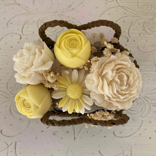 Scented Wax Flower Bouquet in Vintage Basket, new