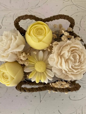 Scented Wax Flower Bouquet in Vintage Basket, new
