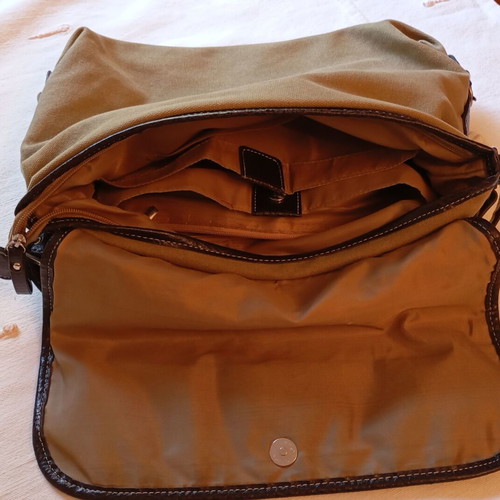 Women's crossbody bag like new, khaki fabric with brown leather straps