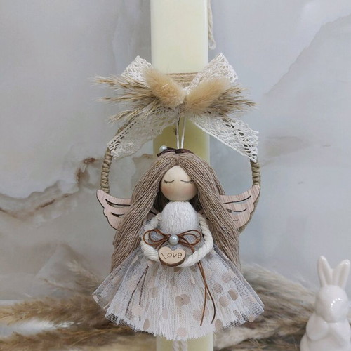 Scented candle with handmade macrame angel decoration new