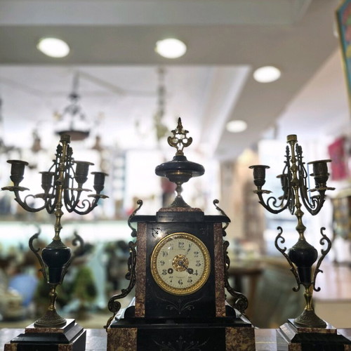 Antique French L. Fetvet Toulouse mantel clock set used