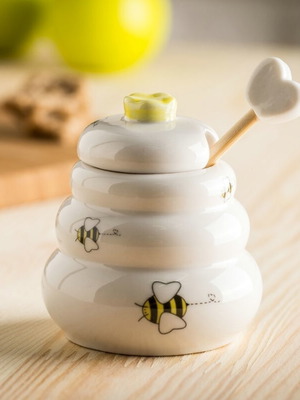 Honey jar new ceramic with bee design, set of 2 pieces