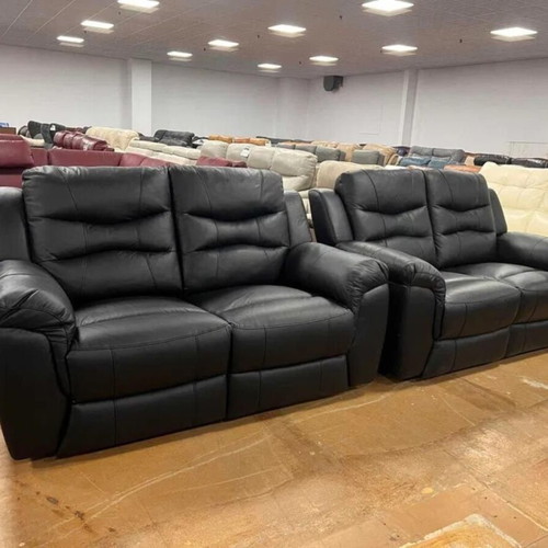 Black leather sofas two pairs with reclining mechanism new