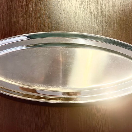 Oval stainless steel serving platter fish-shaped with gold details like new