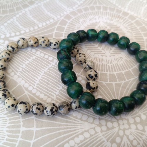 Bracelets with semiprecious stones malachite and dalmatian jasper