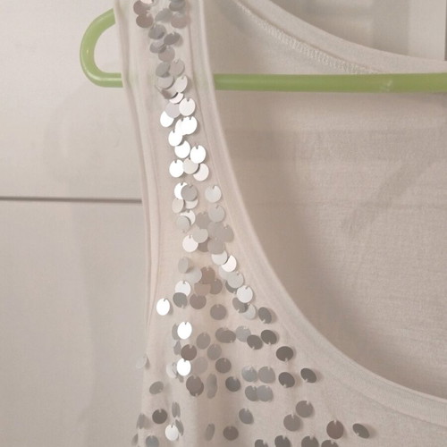 Benetton sleeveless top with birds used, white and grey, sizes L/XL