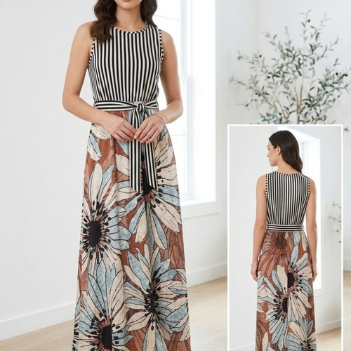 Women's long maxi dress with striped top and floral skirt