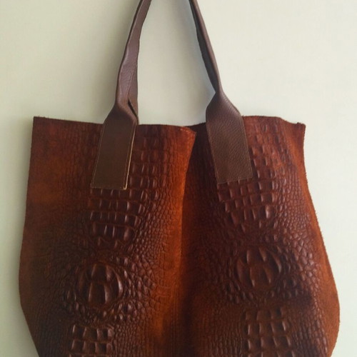 Shoulder bag new natural suede with crocodile pattern brown